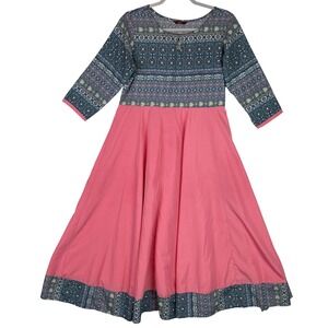 AZIRA Embroidered Maxi Dress Pink Teal Geometric Print 3/4 Sleeve Women's M